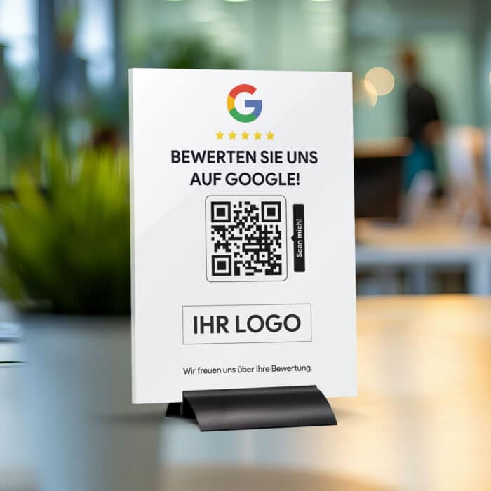 Google Bewertungen Acrylglas Tischaufsteller weiß mit Logoaufdruck personaliserbar DIN A5