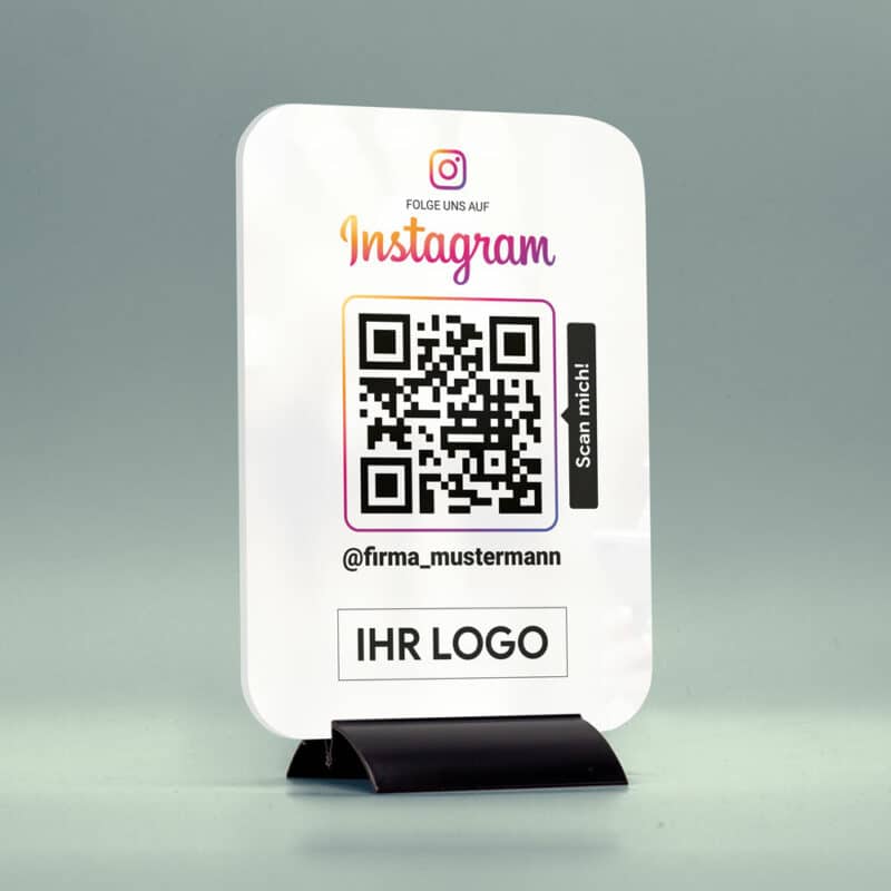 Instagram Acrylglas Tischaufsteller DIN A5 in weiß mit QR-Code und Logo