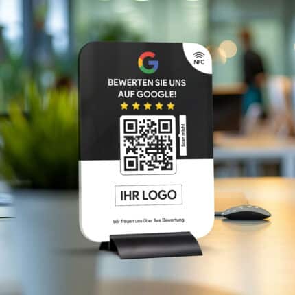 Google Bewertung NFC Aufsteller aus Acrylglas. Personaliserbar mit Ihrem Logo. Ecken rund