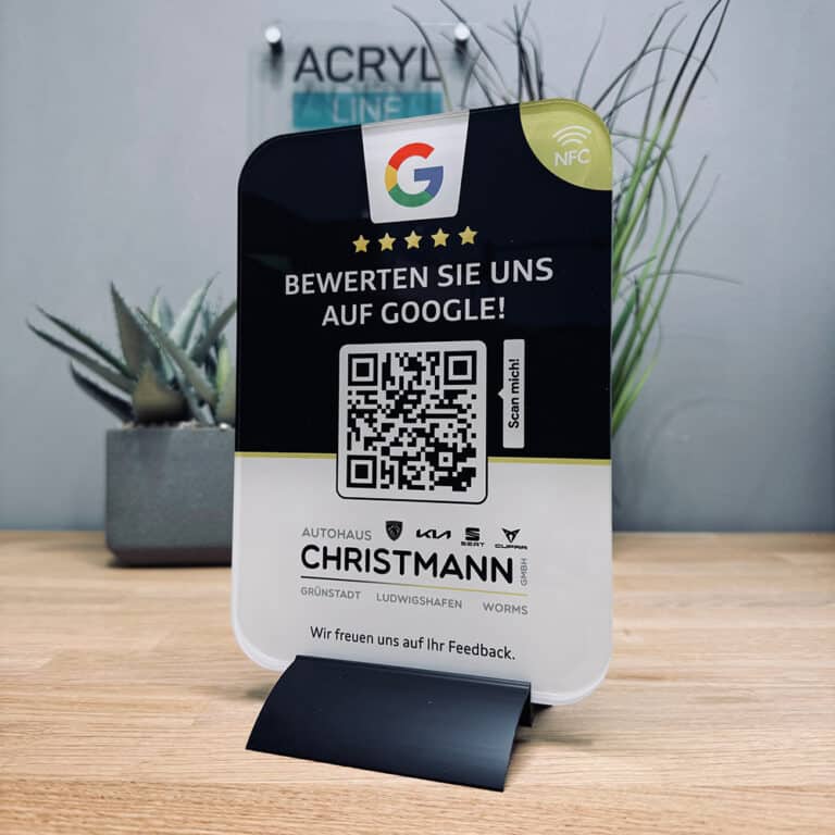 NFC Tischaufsteller für KIA Autohaus "Bewerten Sie uns auf Google" im Corporate Design