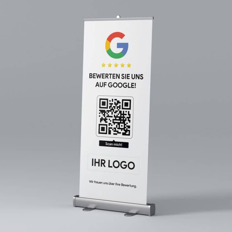 "Bewerten Sie uns auf Google" Roll-Up Banner in weiss personalisierbar 85 x 200 cm